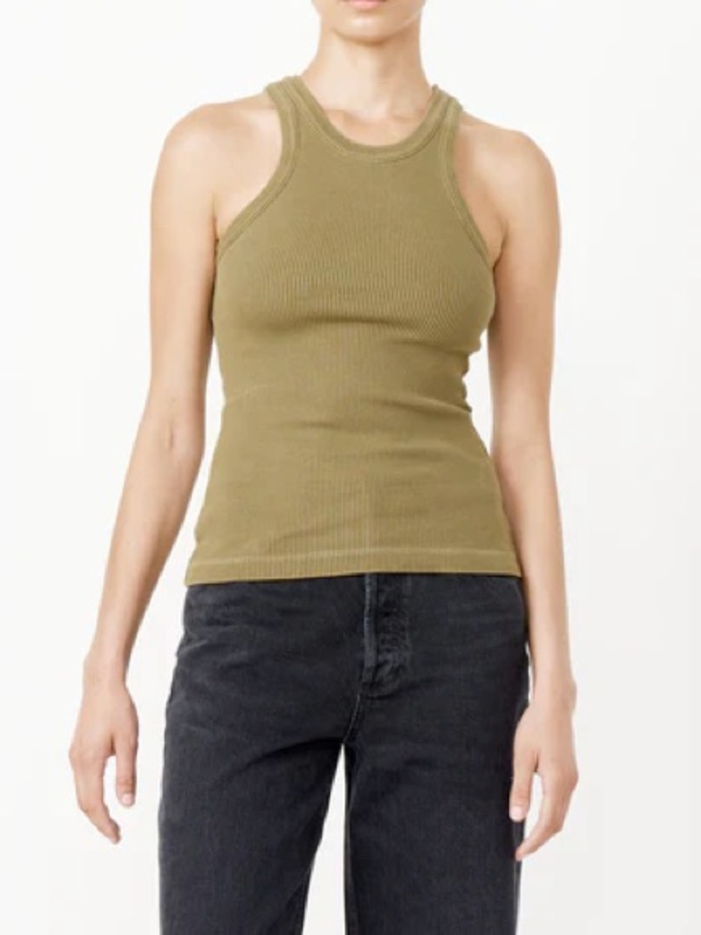 AGOLDE Ribbed High Neck Tank Top Olive Green Size Medium Cotton Lycra Stretch